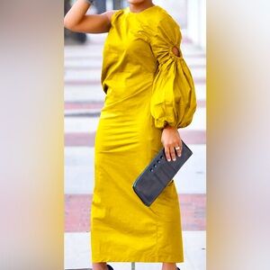 Step into Spring in this asymmetrical, 1-shoulder, full sleeve midi dress! NWOT